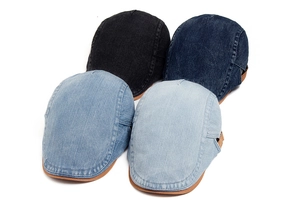 Collection of denim Gatsby caps in four shades with brown faux leather brim piping