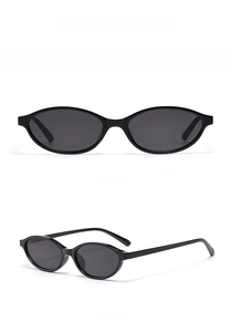 Front and 45-degree side views of black oval frame sunglasses with high-gloss finish