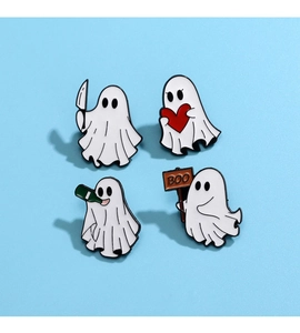 Detail view of four cute white ghost enamel pins with dagger heart and Boo sign