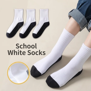 Breathable white school socks for kids with contrast black sole and ribbed cuffs