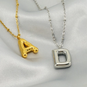 Chic Bubble Initial Letter Pendant Necklace Stainless Steel 18K Gold Plated Playful Balloon Style Mirror Polish Bead Chain
