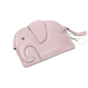 Elephant-shaped genuine leather mini coin purse in pale pink with key ring and zipper