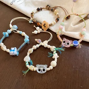 Handmade Beaded Bracelet Ceramic Cat Dog Animal Charm Wax Rope Woven Adjustable Jewelry Cute Sweet Gift For Women Girls