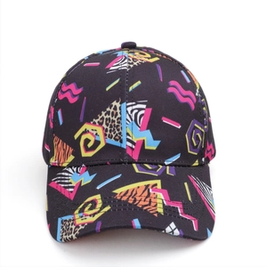 Detailed front view of a black baseball cap with vibrant Memphis-style geometric prints