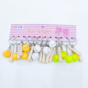 Set of 12 baseball bat keychains with colorful balls on display packaging