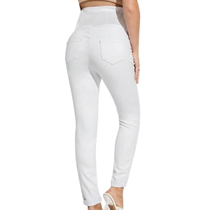 Detailed back view of white maternity skinny jeans with high waist belly support design