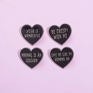 Gothic Black Enamel Heart Brooch Pin For Women Men Alloy Slogan Badge Weird Is Wonderful Normal Is An Illusion Backpack Accessory