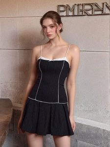 Robe Mini À Rayures Femme Avec Bordure En Dentelle Contrastée Et Noeud Ourlet Plissé Coupe Ajustée Sexy Rétro Été Sans Manche