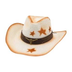 Unisex straw cowboy hat with orange star print and metal bull pendant on brown band