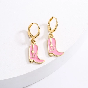 Pink enamel cowboy boot charms on 18K gold plated hoop earrings for women