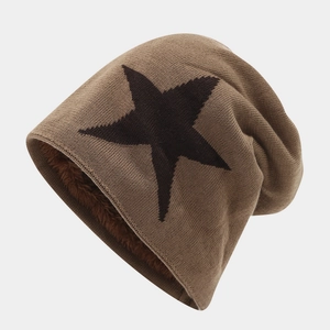 Brown knit beanie with black star pattern and thick fleece lining for winter warmth