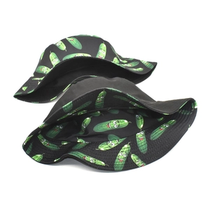 Unisex black bucket hat featuring cartoon pickle pattern print for outdoor sun protection