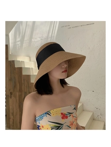 Detail of a brown wide-brim straw sun hat with a decorative black ribbon and bow accent