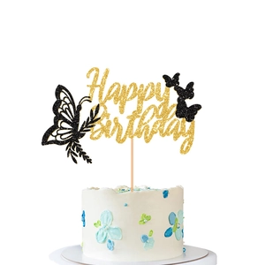 Topper per torta Happy Birthday dorato con farfalle nere glitterate e stecchino in legno