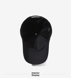 Detailed interior view of a black baseball cap showing lining and stitching details
