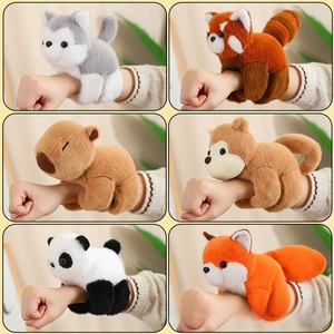 Detailed plush animal slap bracelets featuring panda, husky, capybara and fox styles