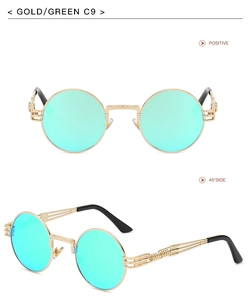 Detailed front and 45-degree side views of gold frame steampunk round sunglasses with green lenses