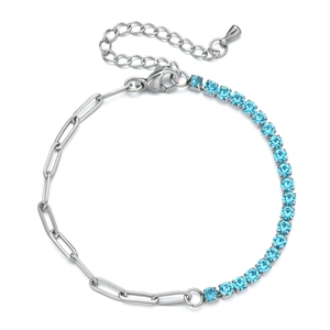 Minimalist 3mm stainless steel paperclip chain bracelet with light blue zircon tennis link
