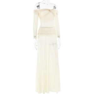 Detail of beige off-shoulder pleated mesh dress set with long sleeves and high waist skirt