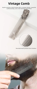 Detail of stainless steel beard comb with sculpted gentleman head and fine teeth