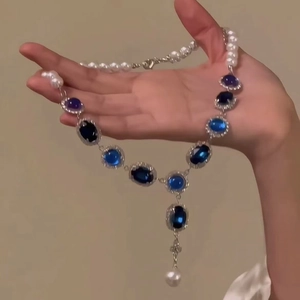 Blue gemstone and pearl necklace jewelry set with silver metal settings for women