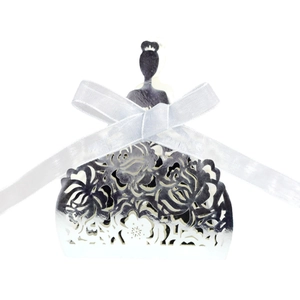 European silver hollow laser cut wedding candy box with rose dress pattern and white bow