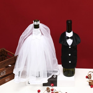 Wedding wine bottle covers featuring white bridal gown and groom suit on red background