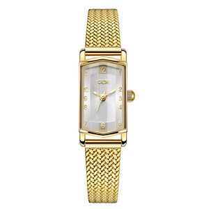 Elegant gold rectangular women's watch with white dial and metal mesh strap by GEDI