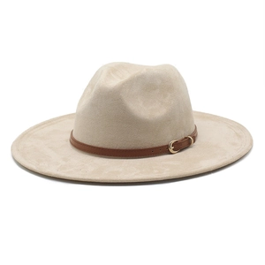 Classic beige suede fedora wide brim cowboy hat with brown leather band and gold buckle