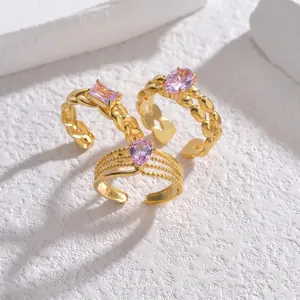 18K Gold Plated Stainless Steel Adjustable Open Ring For Women Vintage Geometric Pink Zircon Braided Twisted Wheat Ear Jewelry