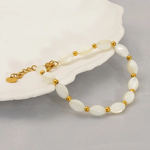 18K Gold Plated Stainless Steel Beaded Bracelet With Oval Shell Beads Adjustable Minimalist Niche Jewelry For Women