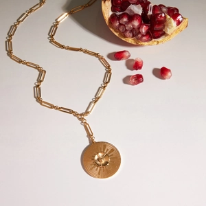 Detail of 18K gold stainless steel camellia pendant with paperclip chain on pomegranate