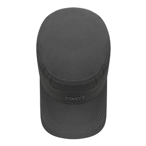 Dark grey quick-dry flat top sports cap with long brim and contrast stitching embroidery
