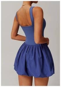 Detail of deep blue backless bubble hem dress with high elasticity fabric and u-shaped back