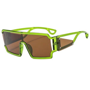 Green oversized punk sunglasses with square cut-out temples and brown tinted lenses