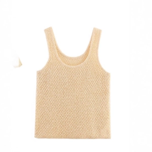 Minimalist beige knitted hollow out tank top for women shown flat on white background