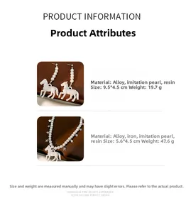 Detail showing specifications for pearl horse necklace and matching tassel earrings