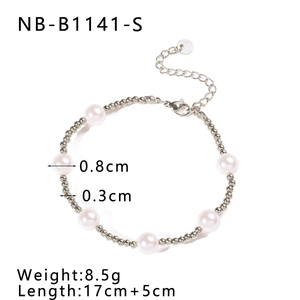 Detailed view of pearl bracelet with 0.8cm white pearls and 17+5cm extension chain