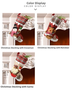 Detailed view of burlap Christmas stockings featuring Santa, reindeer and snowman designs