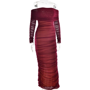 Detailed close-up of wine red mesh dress with elegant ruching and off-the-shoulder design