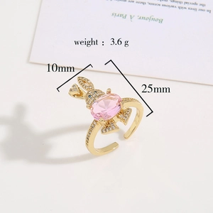 Cute bunny open ring in gold plated copper with pink zircon stone and crystal accents
