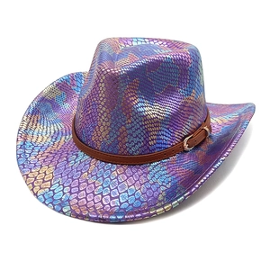 Iridescent purple and blue cowboy hat with snake pattern texture and leather band
