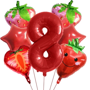 Strawberry theme birthday party balloon set with red number 8 and foil fruit balloons