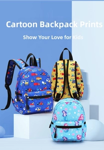 Detail of waterproof cartoon backpacks with mermaid and construction vehicle prints