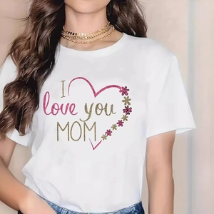 T-Shirt Fête Des Mères Coton Manches Courtes Col Rond Ample Respirant Décontracté Cadeau Imprimé Coeur Floral Graphique