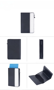 Multiple views of a black and white textured RFID blocking card holder with pop-up mechanism
