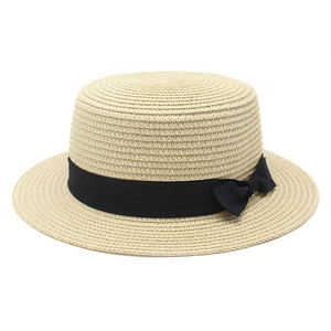 Boater Hat Paper Straw Flat Top Sun Hat For Women With Bow Ribbon Elegant Summer Beach Travel Wide Brim