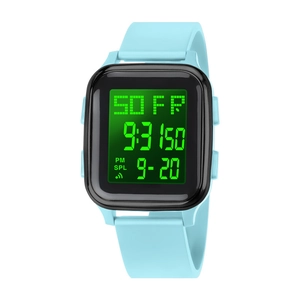 Square digital sports watch with light blue silicone strap and green LED time display