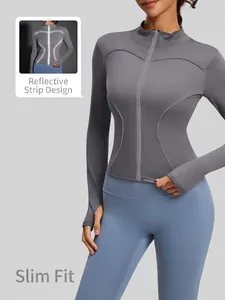 Slim fit women's reflective yoga jacket with stand collar and zipper in dark grey