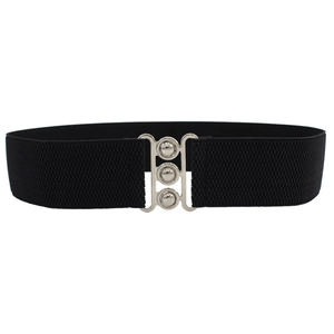Women's 5cm black elastic waist belt with a silver interlocking metal buckle fastening